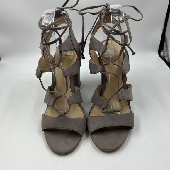 Vince Camuto Winola Heels Sz 8.5 Tan Taupe Suede Leather Strappy Ankle Lace Up - Picture 3 of 8